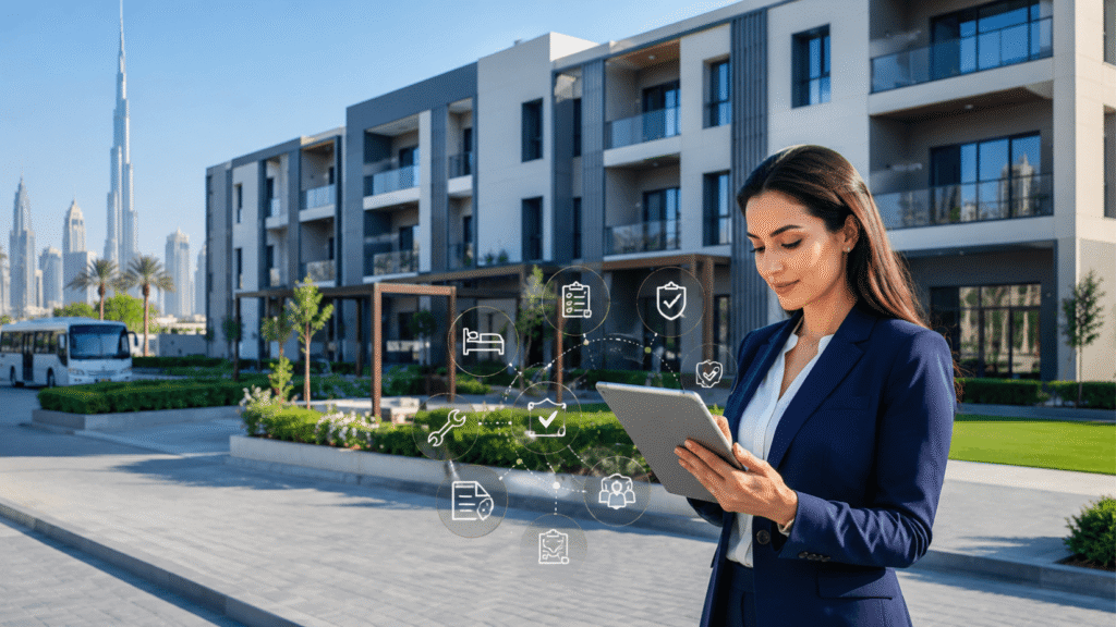 HR manager managing workforce housing in Dubai with modern staff accommodation, transport planning, maintenance, documentation, compliance, and employee welfare icons.