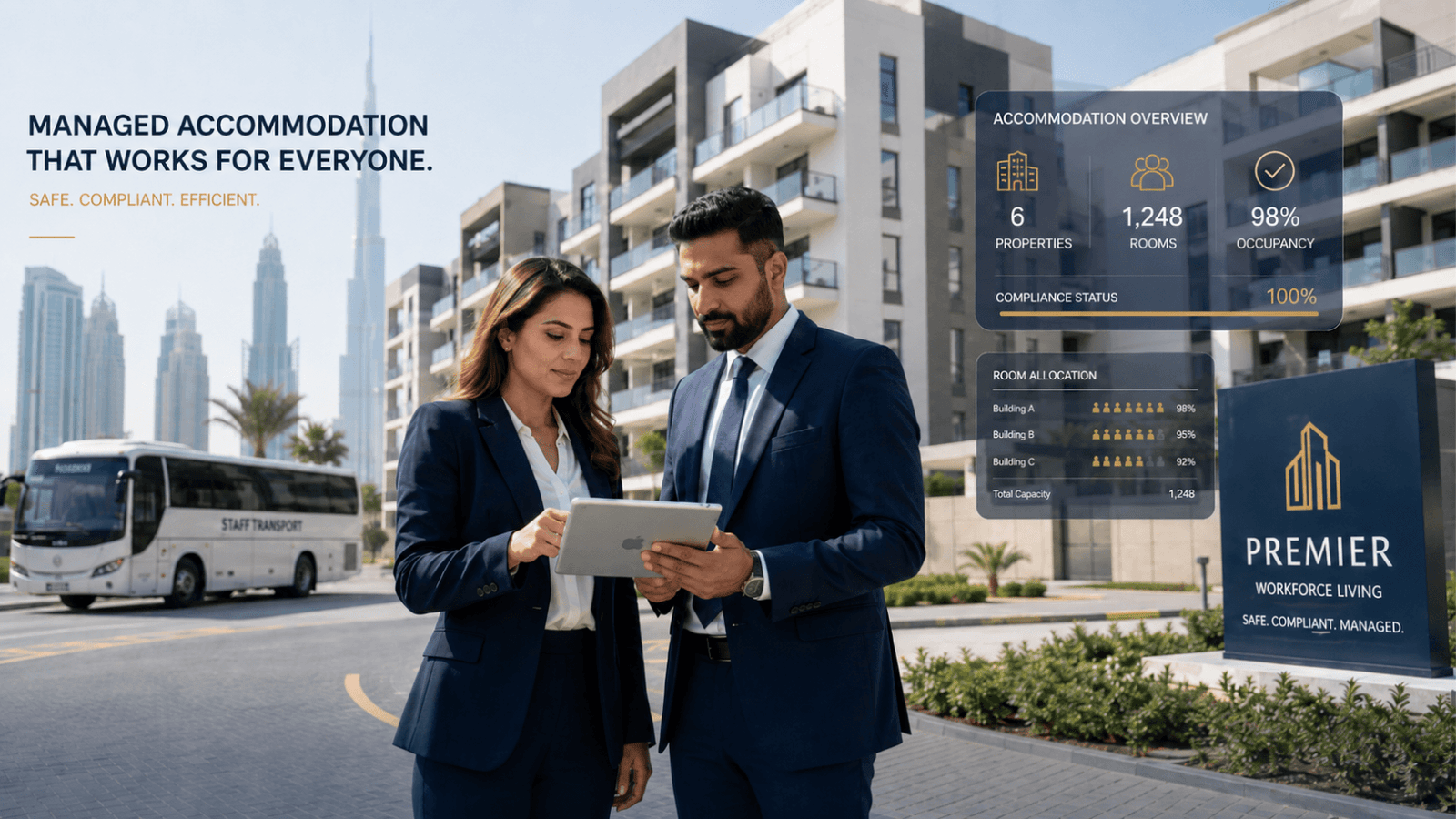 Modern managed workforce housing in Dubai showing organized staff accommodation, HR control, employee welfare, and accommodation management.
