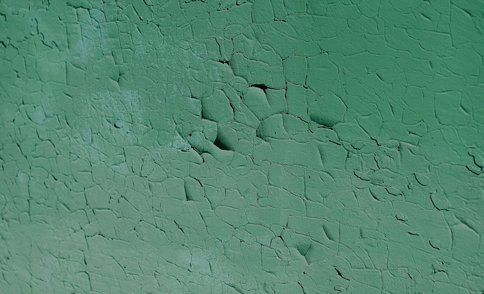 Close-up of cracked and peeling green paint on a damaged wall.