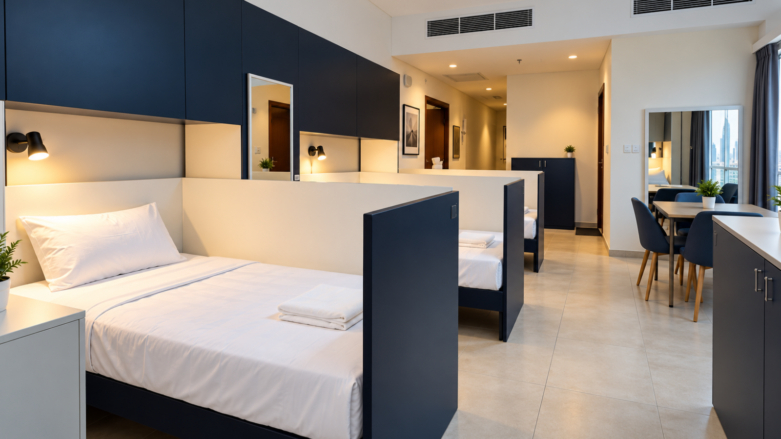 Modern staff accommodation room in Dubai with partitioned single beds, storage cabinets and a shared dining area